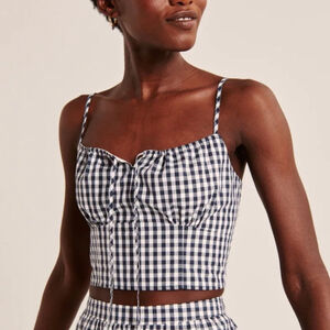 Abercrombie & Fitch Gingham Check Tie Front Cropped Poplin Smocked Navy Top Sz S